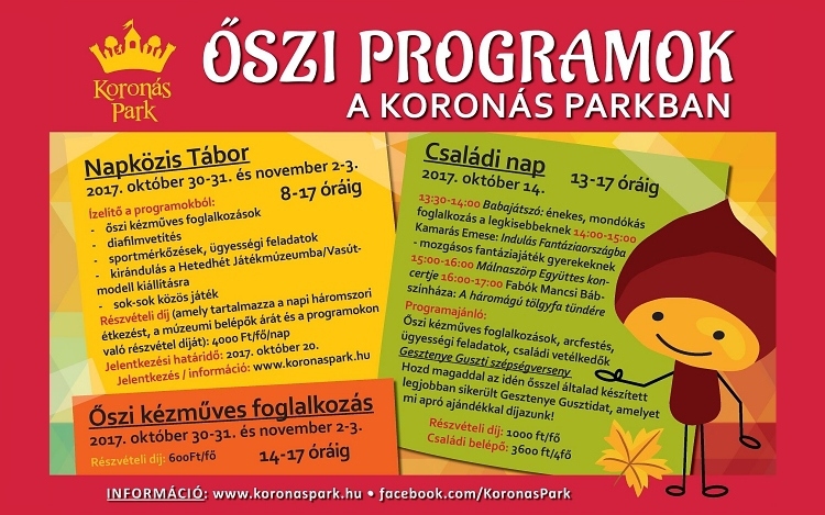 Családi nap, tábor, kézműves foglalkozás - őszi programok a Koronás Parkban